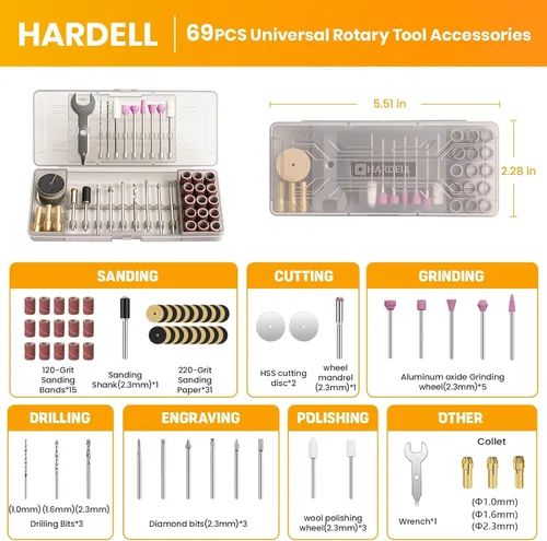 Miniatura 2 de HARDELL 69 piezas de accesorios para herramientas rotativas, kit de accesorios para herramientas rotativas eléctricas con vástagos de diámetro