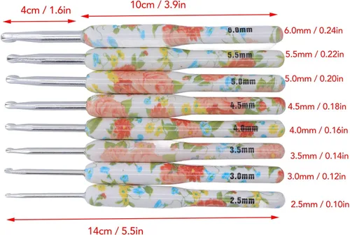 Miniatura 6 de Juego de 8 ganchos ergonómicos de ganchillo, kit de ganchos de ganchillo de aluminio colorido con diseño floral amarillo para tejedores
