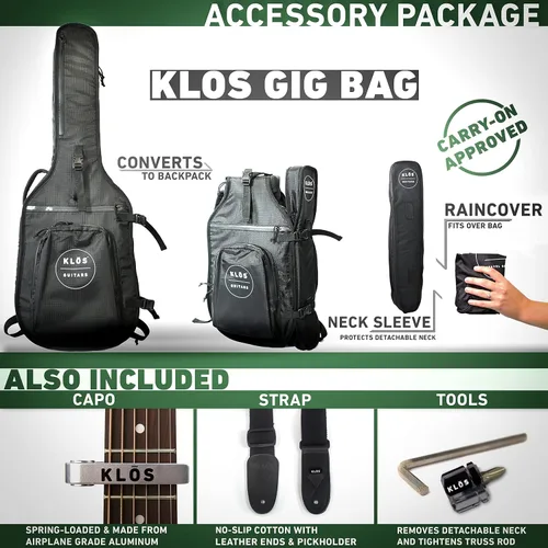 Miniatura 6 de KLOS - Guitarra acústica de fibra de carbono duradera, color negro con bolsa de concierto, correa, cejilla y más