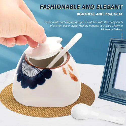 Miniatura 9 de Zerodeko Tarro de condimento de cerámica con cuchara de 10 onzas para cocina, contenedor de especias para sal, azúcar, pimienta, salsa