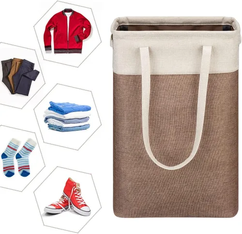 Miniatura 5 de Cesta de ropa sucia con asas beige y marrón, cesta de lavandería delgada plegable, cesta de ropa sucia estrecha, bolsa de lavandería plegable, cesto