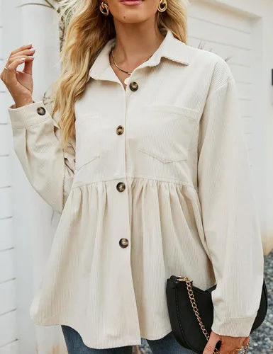 Miniatura 2 de Flygo Camisas de pana peplum para mujer, con botones, de gran tamaño, babydoll