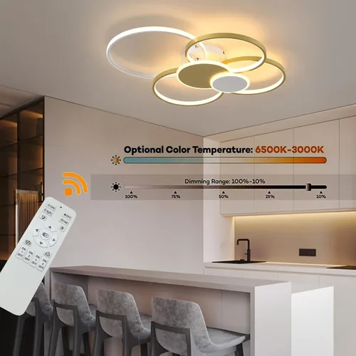 Miniatura 2 de OUKANING Lámpara de techo moderna LED de 65 W, regulable, con control remoto, 6 anillos, lámpara de techo empotrada, lámpara de techo dorada