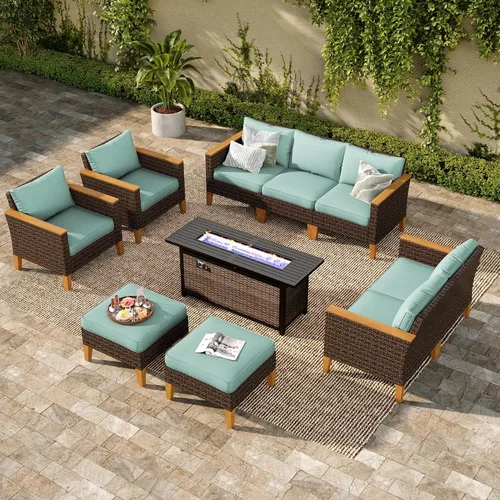 Miniatura 37 de PHI VILLA Otomana de mimbre para patio, 2 piezas, asiento otomano de mimbre para todo tipo de clima, reposapiés para exteriores con cojines