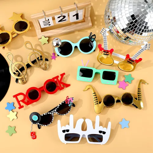 Miniatura 4 de Paquete de 9 gafas de sol divertidas de música rock, decoración de los años 80 y 90, suministros de fiesta de música retro, radio, estrellas
