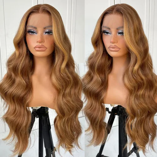 Peluca de encaje frontal sin pegamento con resaltado ombre prearrancada, peluca sintética lista para usar, color rubio miel, para mujeres negras