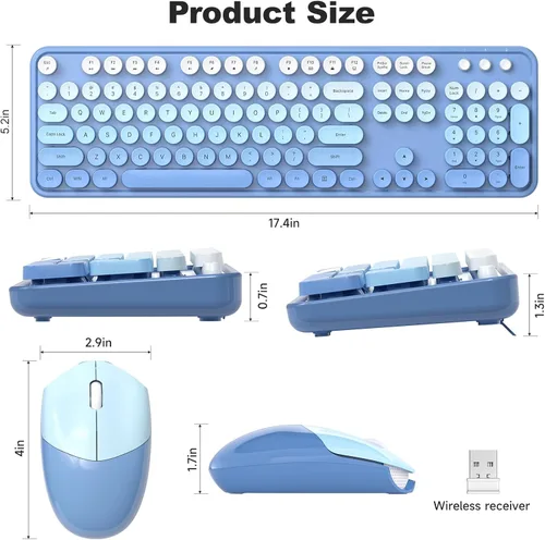 Miniatura 81 de KNOWSQT Combo de teclado y ratón inalámbrico, teclados lindos de tamaño completo estilo máquina de escribir 2.4G azul colorido - receptor USB Plug