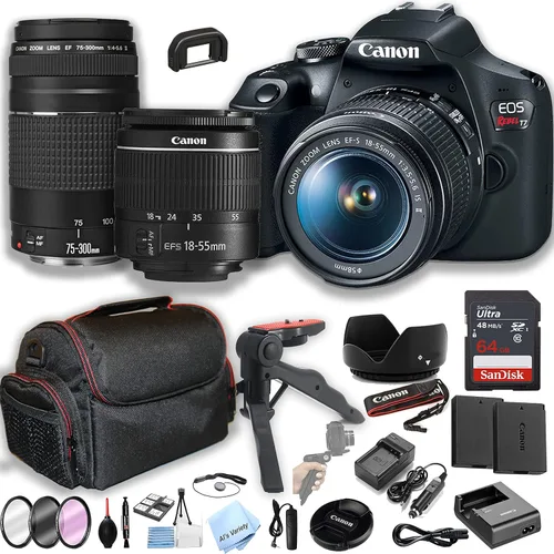 Canon Cámara DSLR EOS Rebel T7 con EF-S 0.709-2.165 in F/3.5-5.6 is II Zoom + 2.953-11.811 in F/4-5.6 III + 64 GB + estuche+ Pod de agarre constante