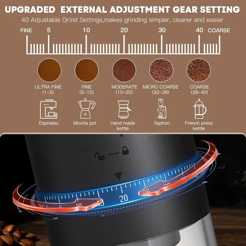 Miniatura 2 de Molinillo eléctrico portátil de granos de café, rebabas cónicas de cerámica mejoradas con 40 niveles externos ajustables finos a ajustes gruesos