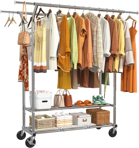 Miniatura 9 de Simple Trending - Perchero estándar para ropa con ruedas y estante de almacenamiento de malla en color amarillo dorado