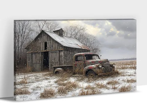 Miniatura 24 de Lienzo de pared de camión antiguo de granja, arte de pared de granero rústico, impresiones de lienzo de camioneta vintage de campo, impresiones