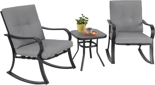Juego de 3 sillas mecedoras para exteriores, muebles de patio, sillas de metal negro y mesa de centro con tapa de vidrio con cojines gruesos, color