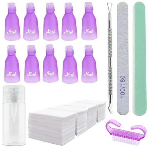 Miniatura 14 de Kit de removedor de esmalte de uñas de gel con 10 clips de removedor de esmalte de uñas rosa con tapa, botella dispensadora, empujador de cutículas