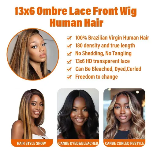 Miniatura 3 de TTSMINS 13x6 Pelucas de encaje frontal degradado para mujeres de cabello humano, densidad 180, color 4/27, resaltado, HD, transparente, 20 pulgadas