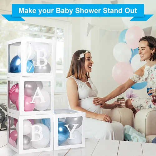 Miniatura 3 de Cajas de bebé con 12 letras para baby shower, decoraciones de baby shower para niño o niña, 4 cajas de globos transparentes bloques transparentes