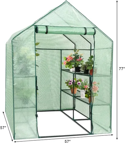 Miniatura 5 de Happygrill Invernadero para caminar, invernadero potable con puerta enrollable con cremallera, cubierta de polietileno y 3 niveles, 12 estantes
