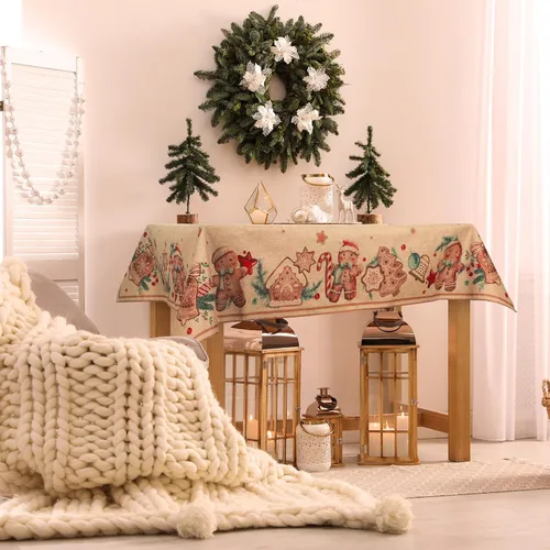 Miniatura 5 de Ganeen Manteles de Navidad de pan de jengibre de 52 x 70 pulgadas, mantel rectangular de arpillera de Navidad, mantel de tela de pan de jengibre