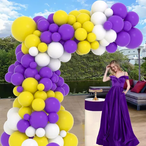 Miniatura 4 de Kit de arco de guirnalda de globos morados y amarillos y blancos, 122 globos amarillos, morados y blancos para cumpleaños, boda, aniversario