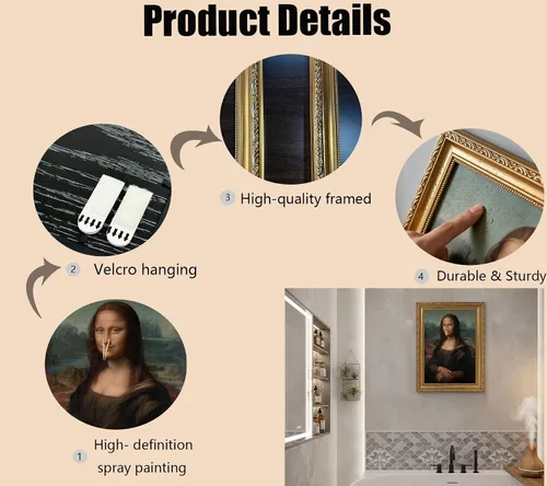Miniatura 6 de Pintura clásica de Mona Lisa enmarcada en oro, arte de pared de baño, póster divertido de humor divertido para baño, impresión en lienzo de baño