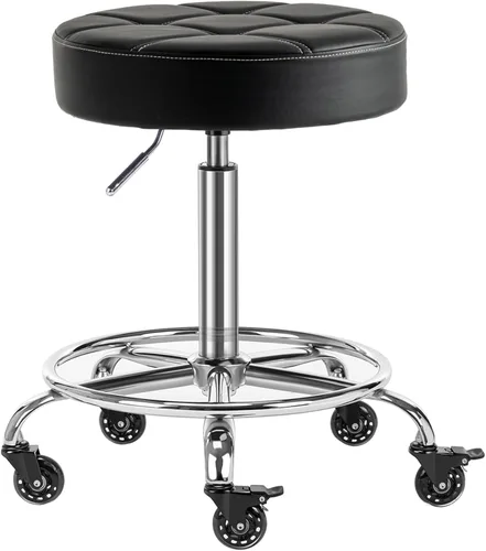 Taburete con ruedas de goma silenciosas y reposapiés, silla giratoria ajustable para cocina, médico, taller, salón, tatuaje, oficina (negro, 20-27