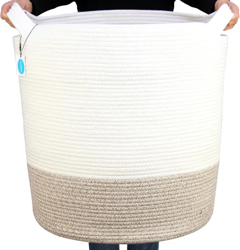 Miniatura 13 de Casaphoria Cesta de cuerda de algodón XXXL para sala de estar, cesta de almacenamiento tejida con asa larga para mantas, toallas y almohadas, cesta