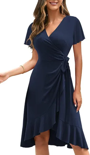 OWIN Vestido de verano casual de manga corta para mujer, vestido de fiesta de cóctel, sexy, cuello en V, volantes, vestido cruzado de trabajo
