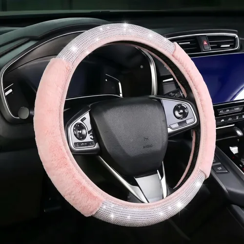 Miniatura 10 de Funda para volante con destellos para mujeres y niñas, cubierta de volante de diamantes de imitación de color negro con brillantes de piel