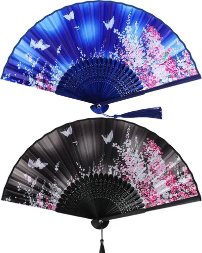 Miniatura 13 de Hotop 2 abanicos de mano plegables de seda con marcos de bambú para mujeres, color rosa y azul, portátil, artesanías chinas para bailar, accesorios