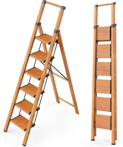 Miniatura 14 de WOA WOA Escalera de 6 peldaños, escaleras plegables ligeras con peldaños anchos, escalera delgada para espacios estrechos, escalera alta para techos