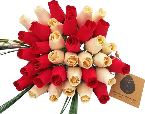 Miniatura 15 de Ramos originales de rosas de madera en 1, 2, o 3 docenas, Madera de abedul, Todo rojo, 1 Docena