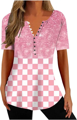 Miniatura 33 de Summer Shirts for Women 2025 Plus Size Short Sleeve Henley Tops Marble Floral Loose Tshirt Tee Casual Dressy Tunics
