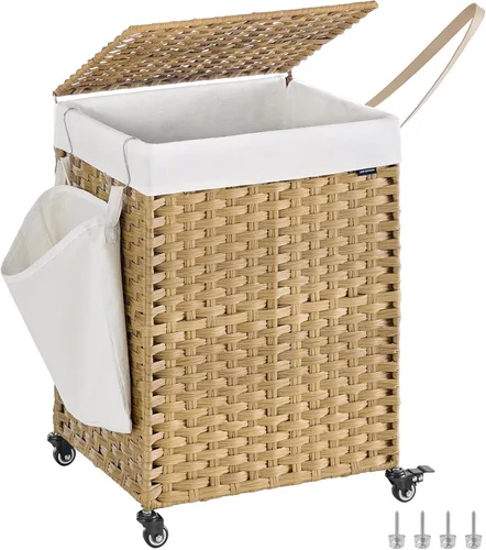 Miniatura 11 de SONGMICS Cesta de lavandería con tapa, 42.3 galones (160 L), cesta de lavandería con ruedas, ratán sintético de 3 secciones, forro extraíble, Gris