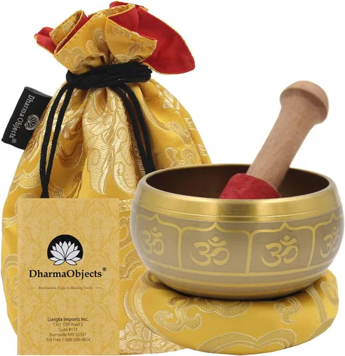 Miniatura 18 de DharmaObjects ~ Juego de cuencos tibetanos OM con mazo, cojín de brocado y bolsa de transporte ~ para meditación, curación de chakras, oración, yoga