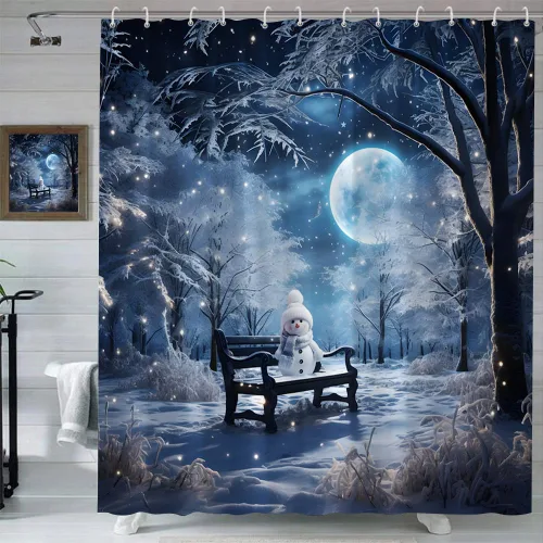 Miniatura 2 de Cortina de ducha de invierno con luna llena, color azul de ensueño, para Navidad, bosque, parque, banco, muñeco de nieve, pino exuberante, nieve