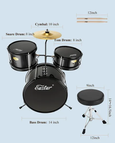 Miniatura 3 de Eastar Batería de 14'' para Niños Principiantes, 3 Piezas con Bombo Tom Snare, Trono Ajustable, Platillo, Pedal y Dos Pares de Baquetas, Metálico