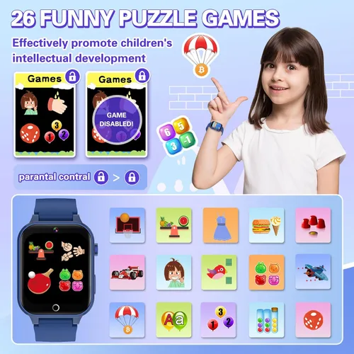 Miniatura 3 de Vakzovy Reloj inteligente para niños con 26 juegos de rompecabezas, cámara HD, reproductor de MP3, audiolibros, video, podómetro, seguimiento