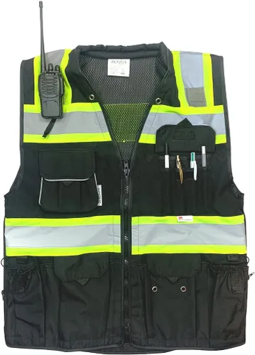Miniatura 4 de (Chaleco C para Hombre Serie Negra Chaleco de Seguridad con Cremallera y Bolsillos Utilitarios Chaleco de Supervivencia Serie Negra Prémium, Negro