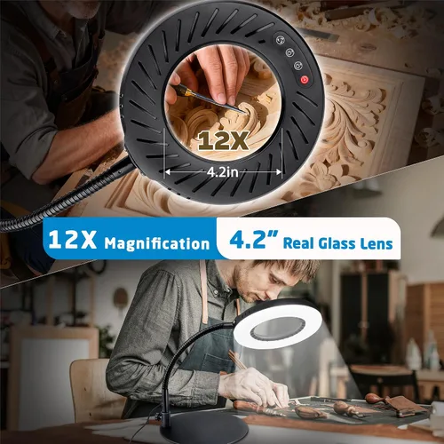 Miniatura 2 de 12 lupas con luz y soporte, 5 modos de color, 9 niveles regulables, lámpara de aumento de cuello de cisne flexible manos libres, lámpara