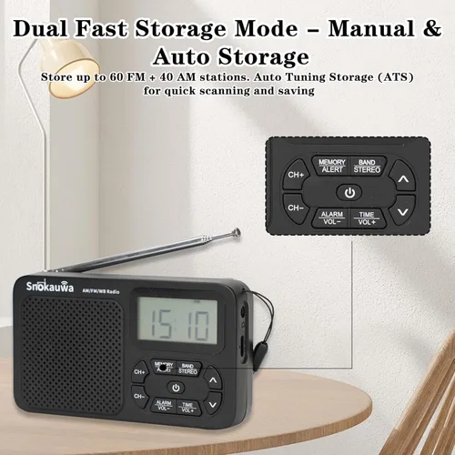 Miniatura 8 de Radio AM FM, radio portátil NOAA para emergencias, pequeña radio digital con almacenamiento de modo dual, sintonizador digital, temporizador