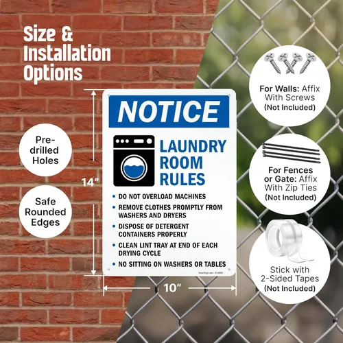 Miniatura 3 de SmartSign Aviso sobre las reglas de lavandería - No sobrecarga, quitar la ropa, desechar detergente, limpiar pelusa, no sentarse, letrero de metal