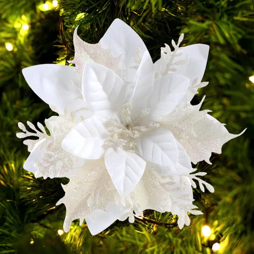 Miniatura 14 de FurRain Flores Artificiales de Navidad de Poinsettia 5.5" Guirnalda de Árbol de Navidad 12 Piezas Flores con Brillantina Adornos para Navidad Nueva