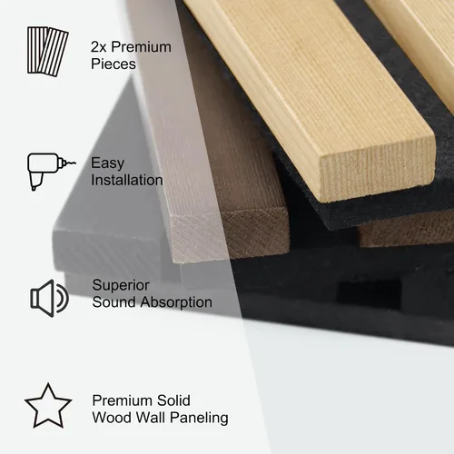 Miniatura 4 de ROOMTEC Paquete de 2 paneles acústicos de pared de madera maciza, paneles de pared insonorizados de 94.49 x 12.6 pulgadas, paneles de pared de Nogal