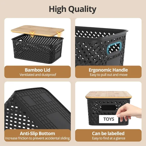 Miniatura 3 de Contenedores de almacenamiento de plástico con tapas de bambú, canastas pequeñas apilables para organización y contenedores para estantes, cajones