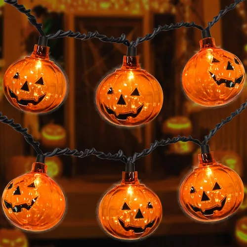 Guirnalda de luces LED de Halloween de 8.5 pies con 10 luces sonrientes de calabaza Jack O Lantern, linterna LED para fiesta en casa, patio,