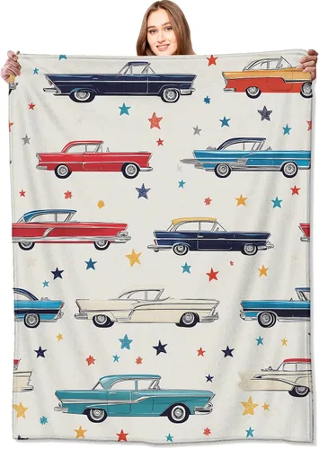 Manta retro clásica para automóvil, manta vintage para automóvil con coloridos autos clásicos y estrellas, regalos de cumpleaños para niños y Coche