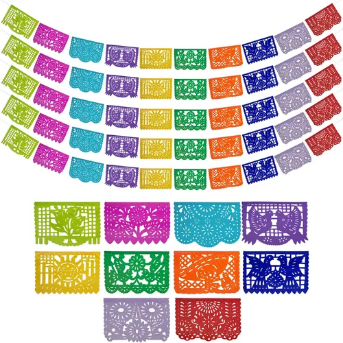 Pancartas de fiesta mexicana (paquete de 5, 10 diseños de banderas de papel de seda por bandera/no de plástico), pancarta de papel picado,
