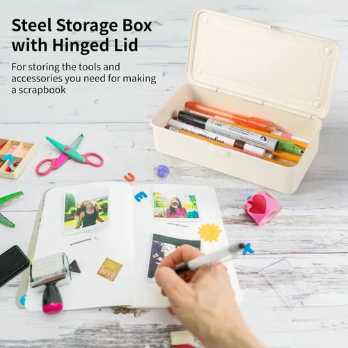 Miniatura 2 de OMISTAR Caja de almacenamiento de acero con tapa con bisagras, contenedor de metal para sellos de álbumes de recortes, caja de herramientas de metal