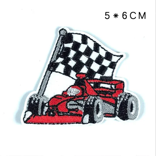 Miniatura 7 de Parches de carreras a cuadros F1, juego de 6 parches bordados en 3D para planchar o coser con banderas a cuadros, trofeo ganador y diseño de coche