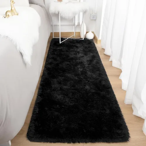 Miniatura 2 de Terrug Alfombra Corredor Negra Esponjosa para Dormitorio, 2x6 Pies Lindas Alfombras de Área de Pelo Largo para Pasillo, Alfombra de Felpa Suave