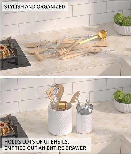 Miniatura 6 de Paquete de 2 organizadores de cerámica para utensilios, soporte grande para espátula, decoración de cocina de estilo granja para cubiertos, cucharas